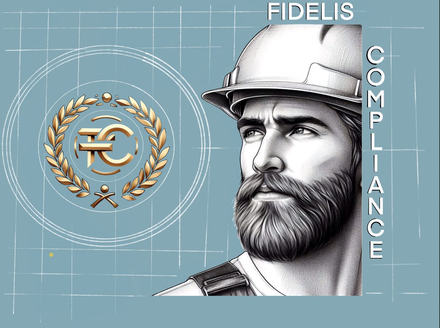 Fidelis Compliance: the gold FC laurel emblem beside a pencil-drawn engineer in a hard hat on a blueprint grid