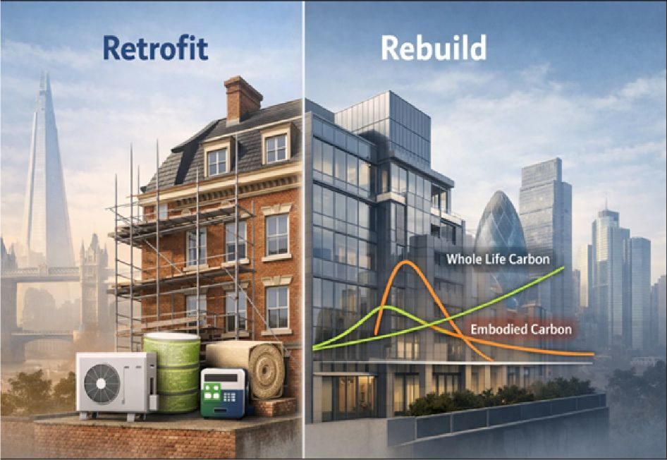 Retrofit versus rebuild: an older brick building with insulation and a heat pump beside a new glass tower, with whole-life and embodied carbon curves